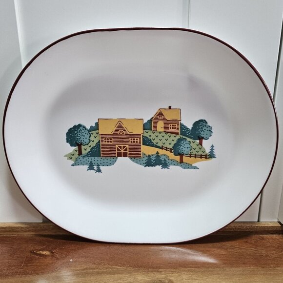 Corelle Corning Landscape Oval Serving Platter 12" red rim logcabin trees feilds - Picture 1 of 10